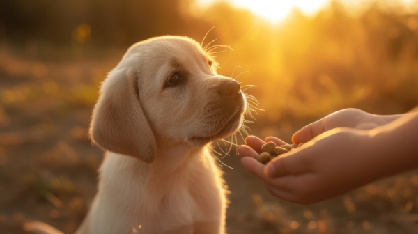 Young Beautiful Labrador Retriever Puppy Is Eating Some Dog Food Out Of Humans Hand Outside During Golden Sunset